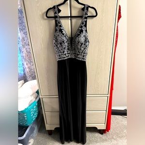 Black Dress with Silver Appliqué and Slit, Size 9